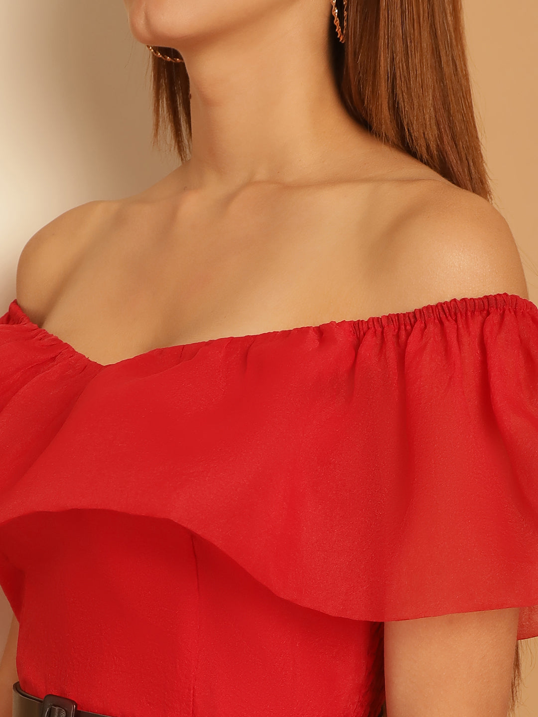 Red Organza Off-Shoulder Top with Black Trouser and Black Belt
