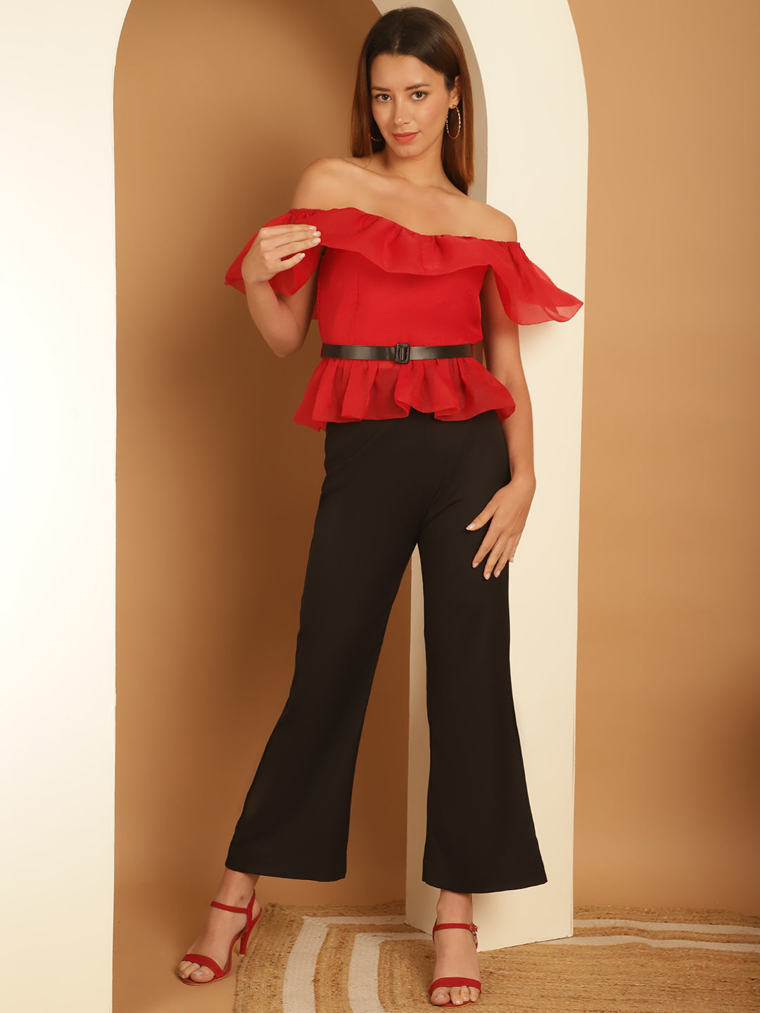 Red Organza Off-Shoulder Top with Black Trouser and Black Belt