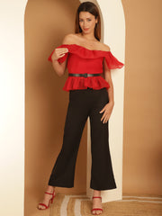 Red Organza Off-Shoulder Top with Black Trouser and Black Belt