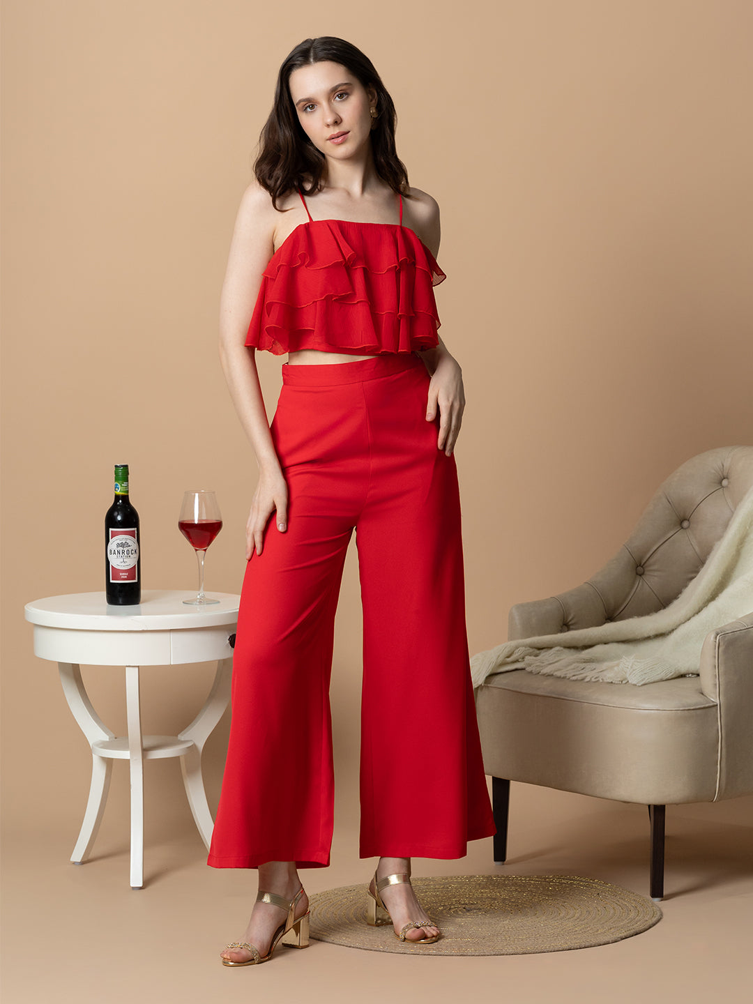 Red Ruffled Top With Trousers