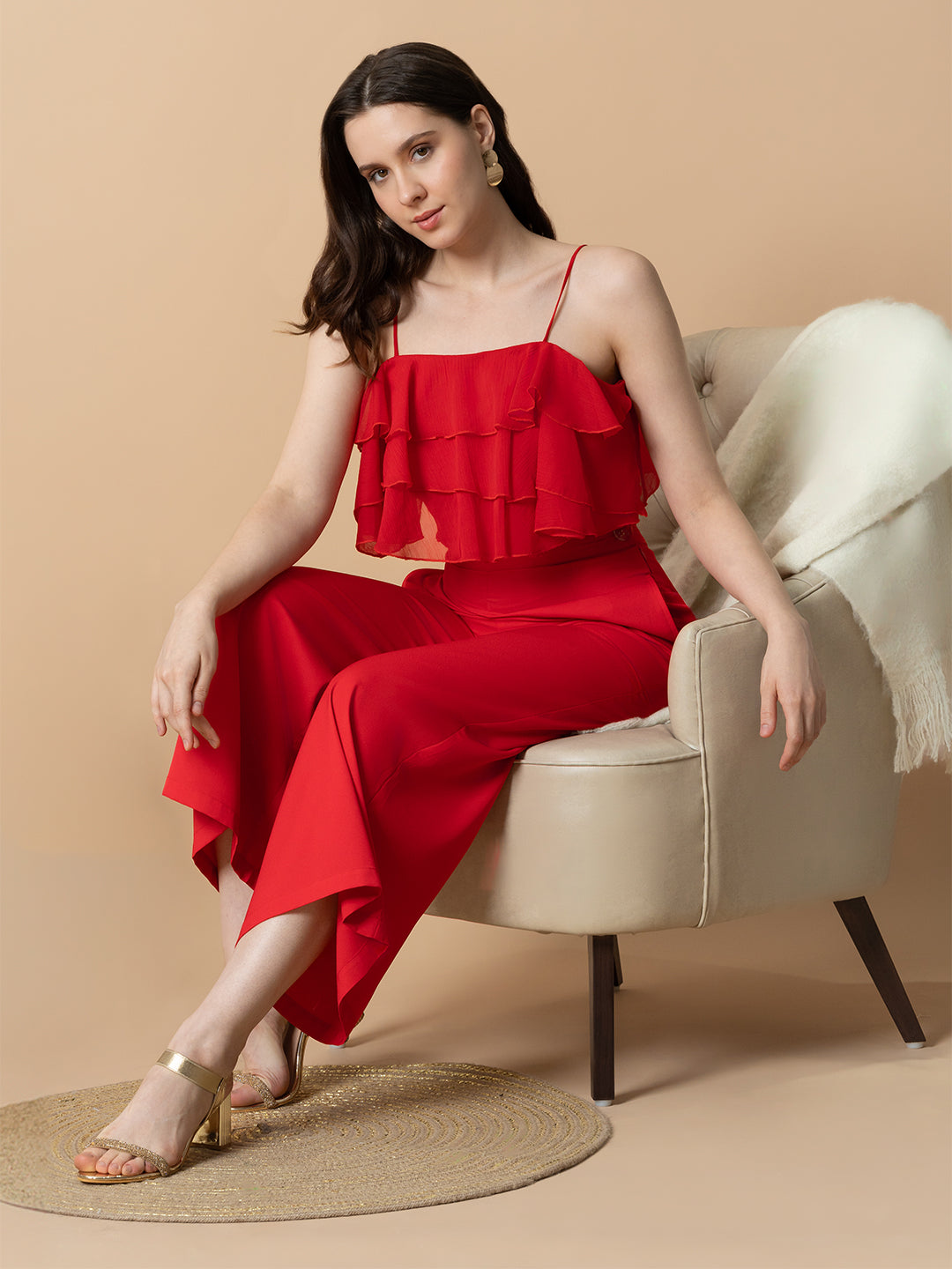 Red Ruffled Top With Trousers