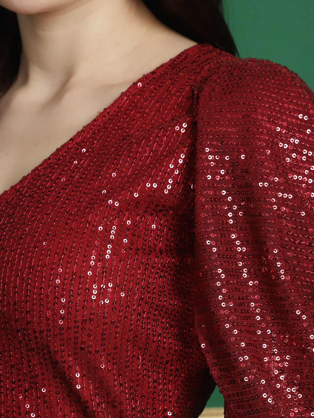 Red Sequined Dress with Cowl Drape on Sleeves