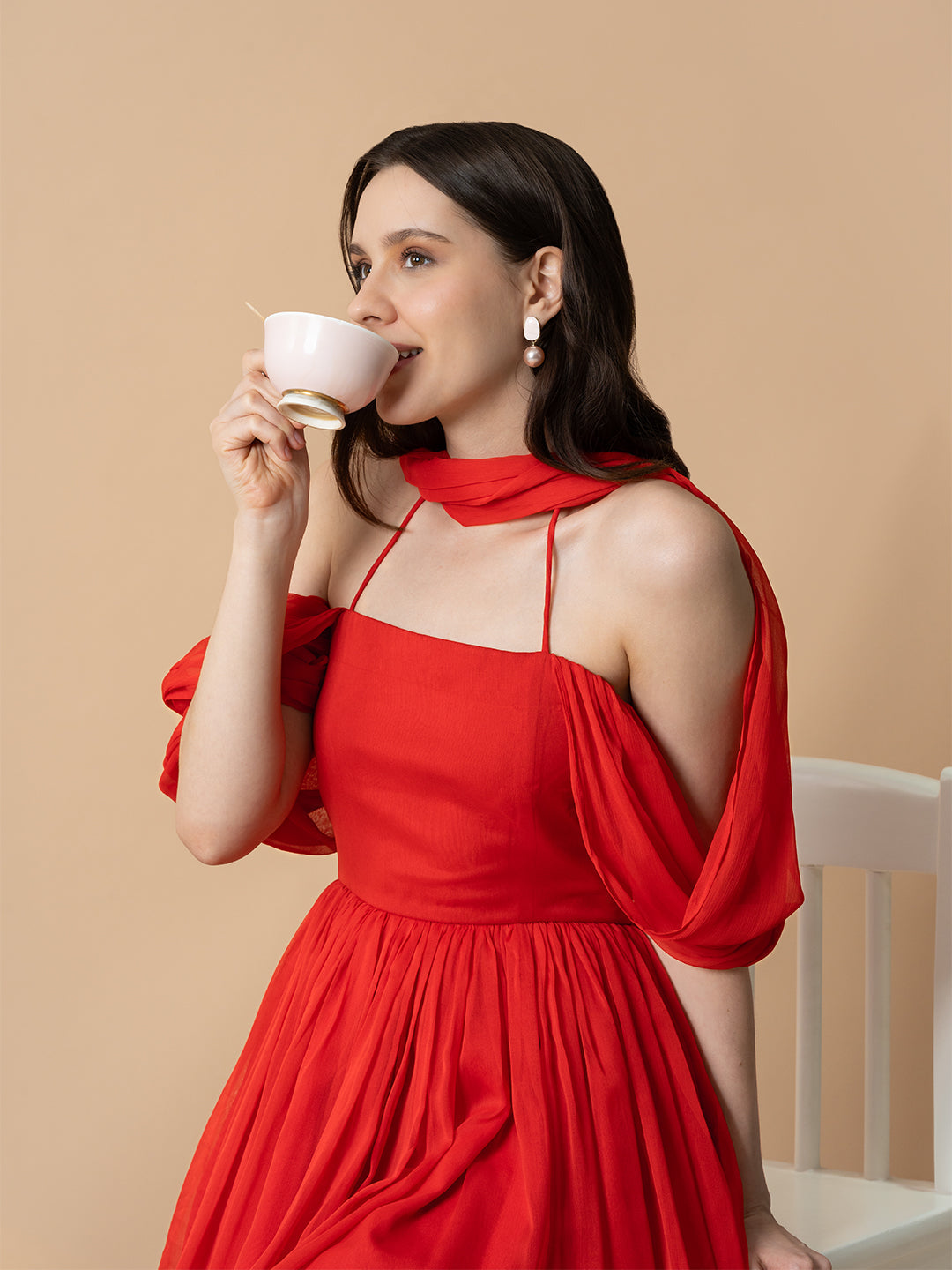 Red Short Dress With Drape Over Neck