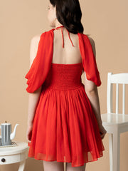 Red Short Dress With Drape Over Neck