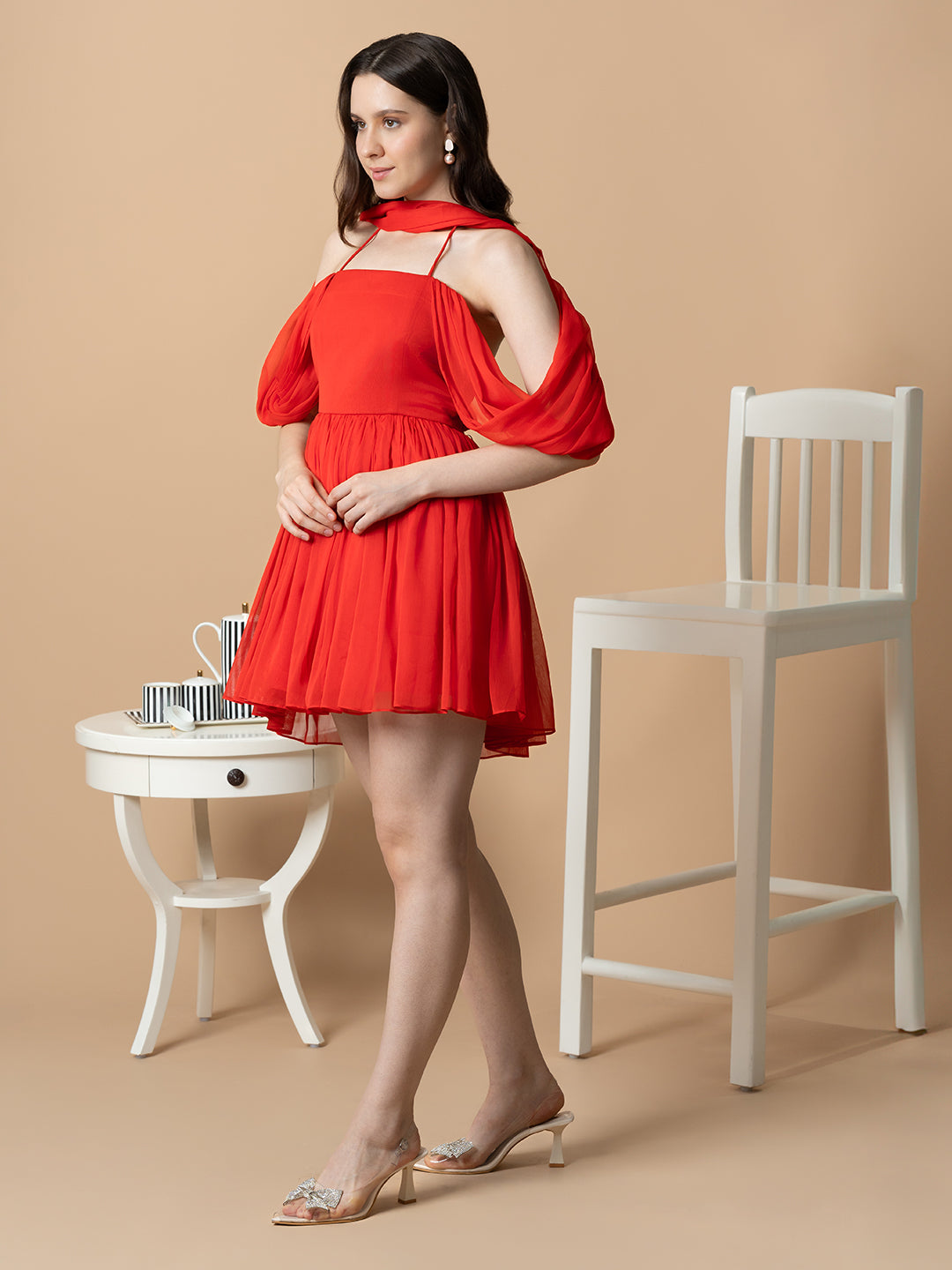 Red Short Dress With Drape Over Neck