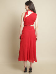 Red Side Cut-Out Dress With Neck Tie Band