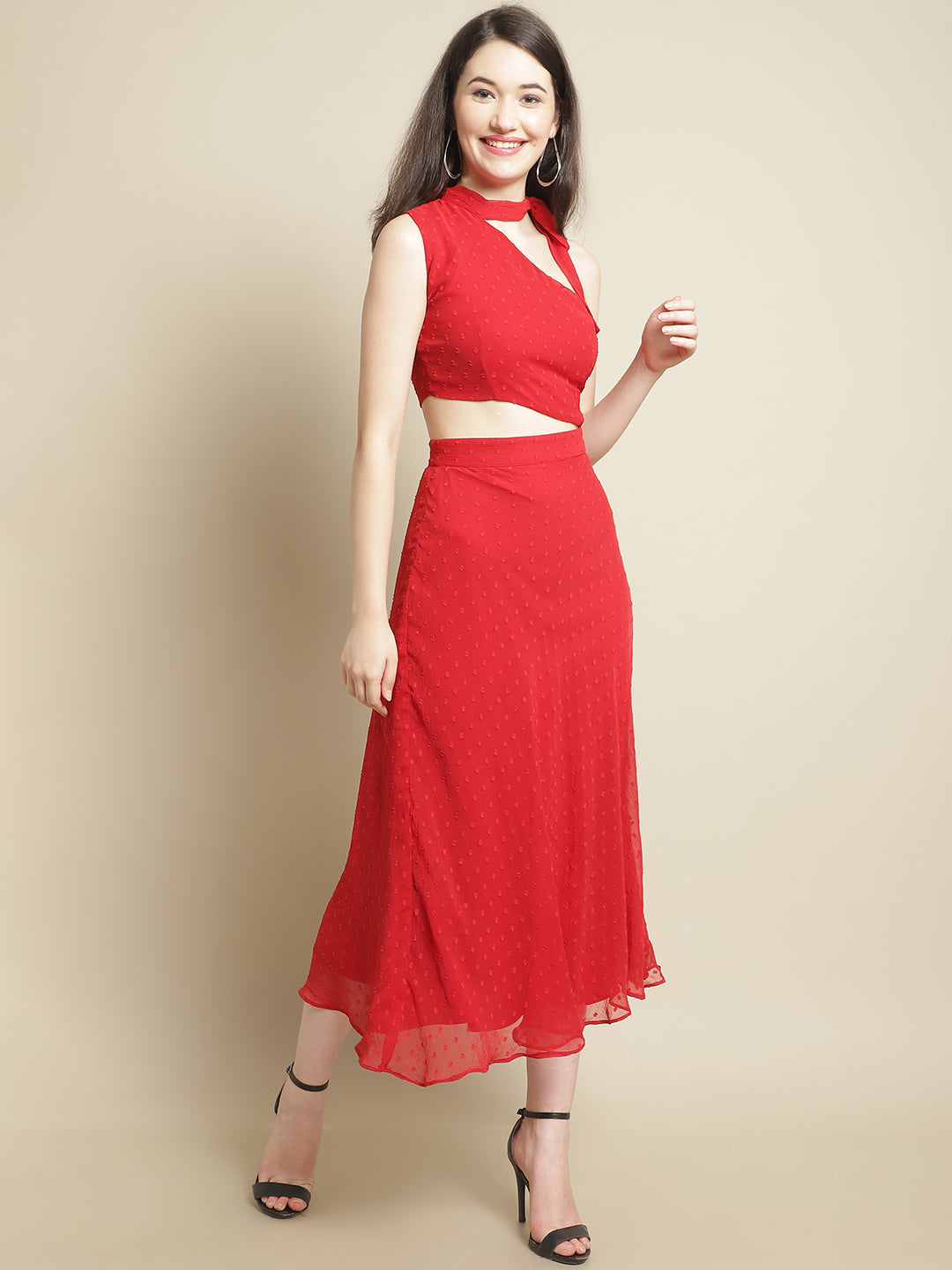 Red Side Cut-Out Dress With Neck Tie Band