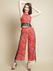 Red & Black Fringed Lace Top With Trouser