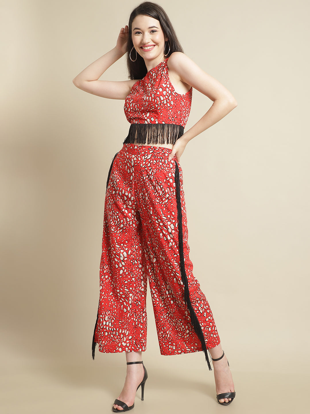 Red & Black Fringed Lace Top With Trouser