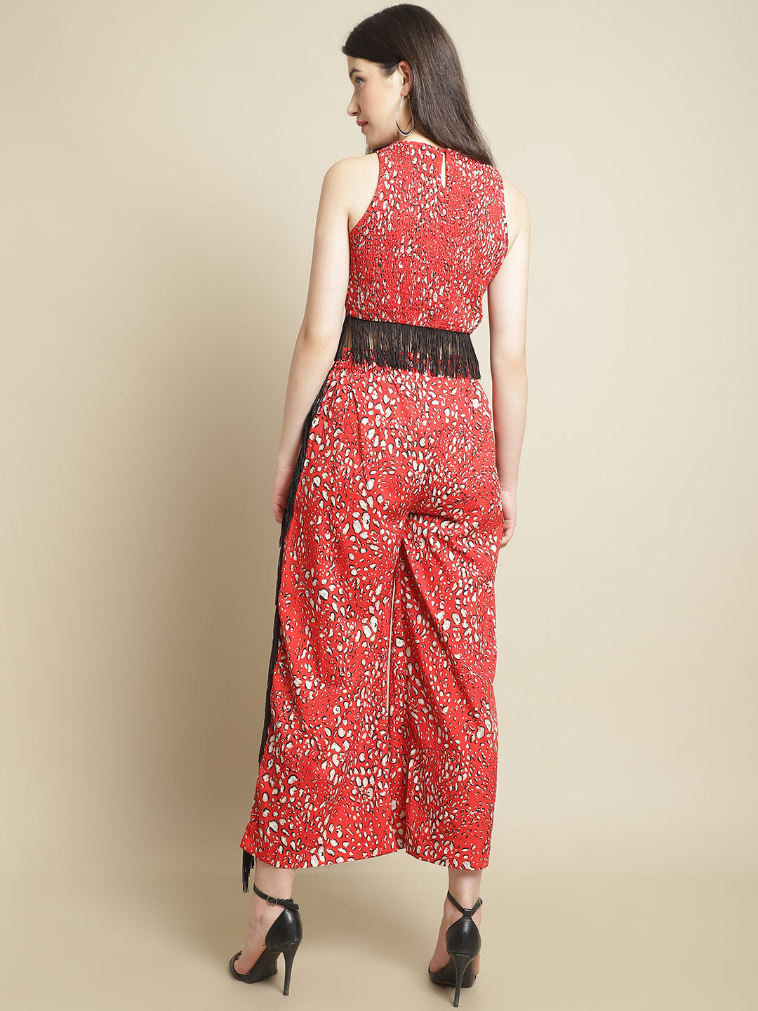 Red & Black Fringed Lace Top With Trouser