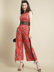Red & Black Fringed Lace Top With Trouser