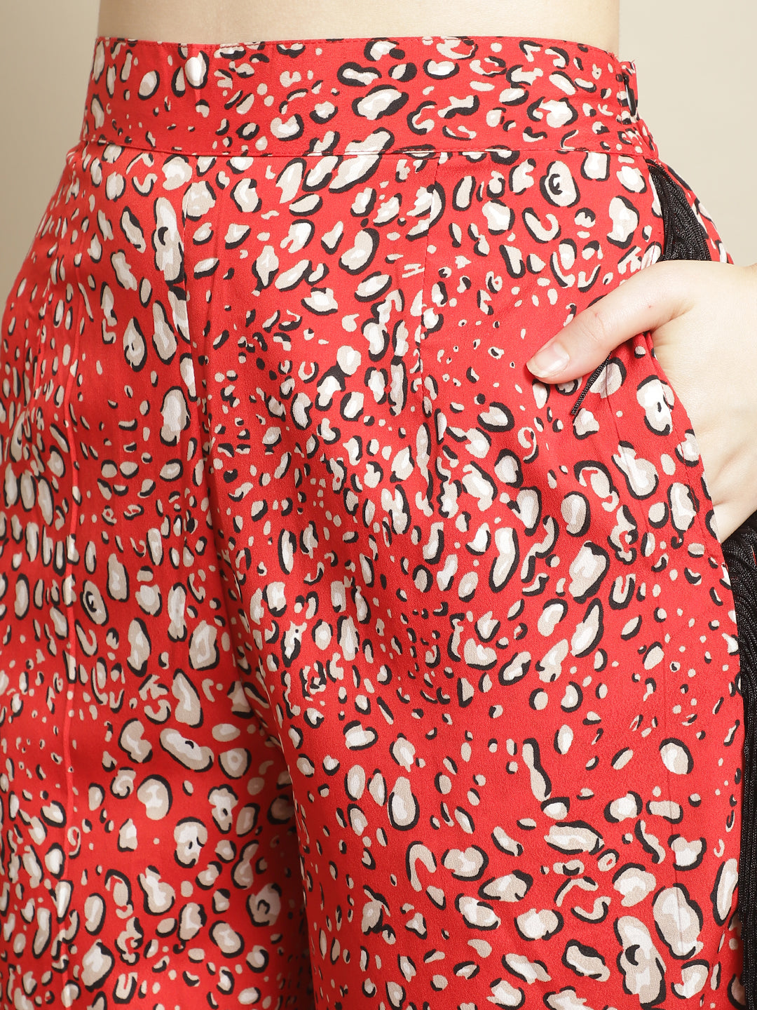 Red & Black Fringed Lace Top With Trouser