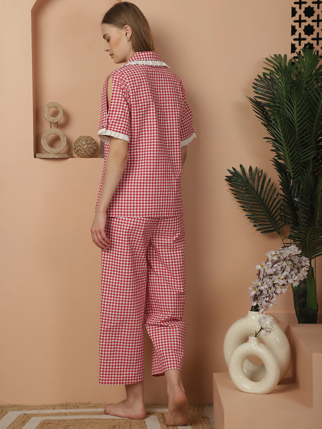 Red & White Checkered Nightwear with Contrast Checkered Detailing