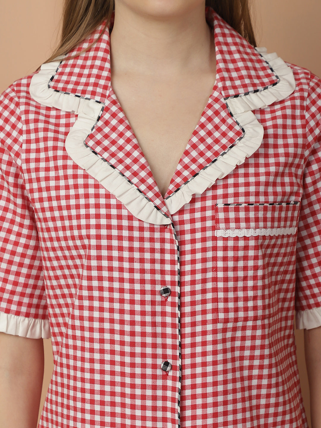 Red & White Checkered Nightwear with Contrast Checkered Detailing