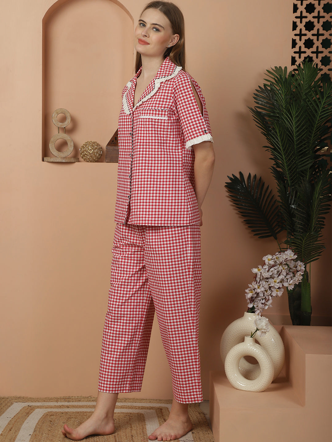 Red & White Checkered Nightwear with Contrast Checkered Detailing