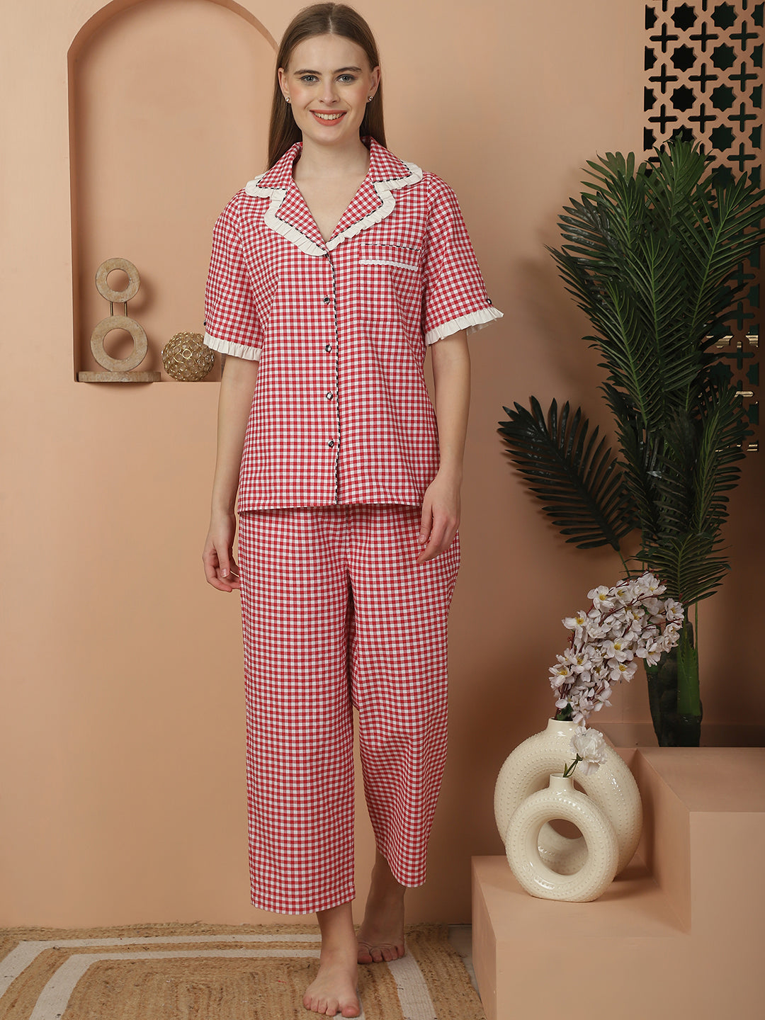 Red & White Checkered Nightwear with Contrast Checkered Detailing