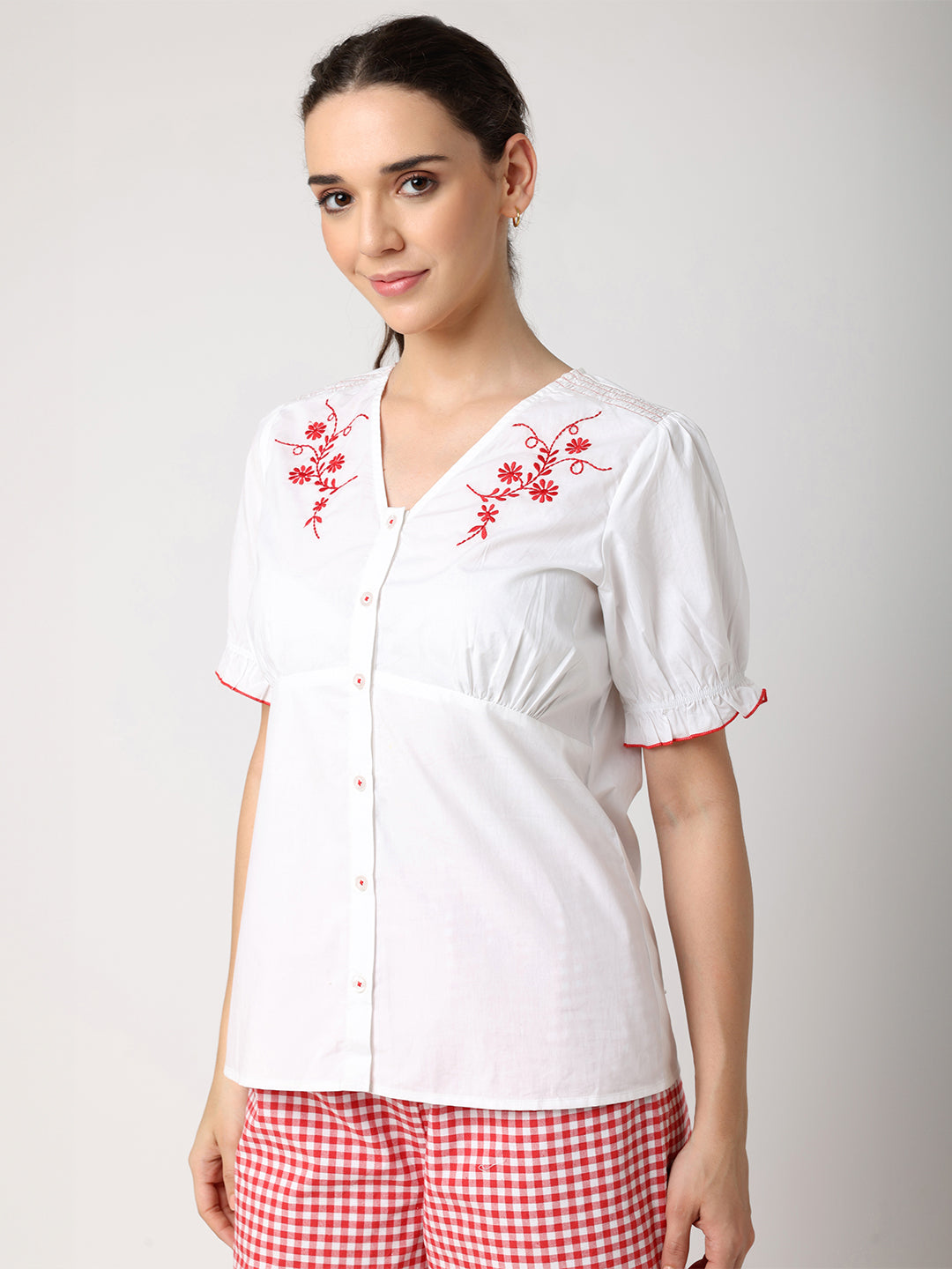 Red & White Floral Embroidered Top With Check Pyjama