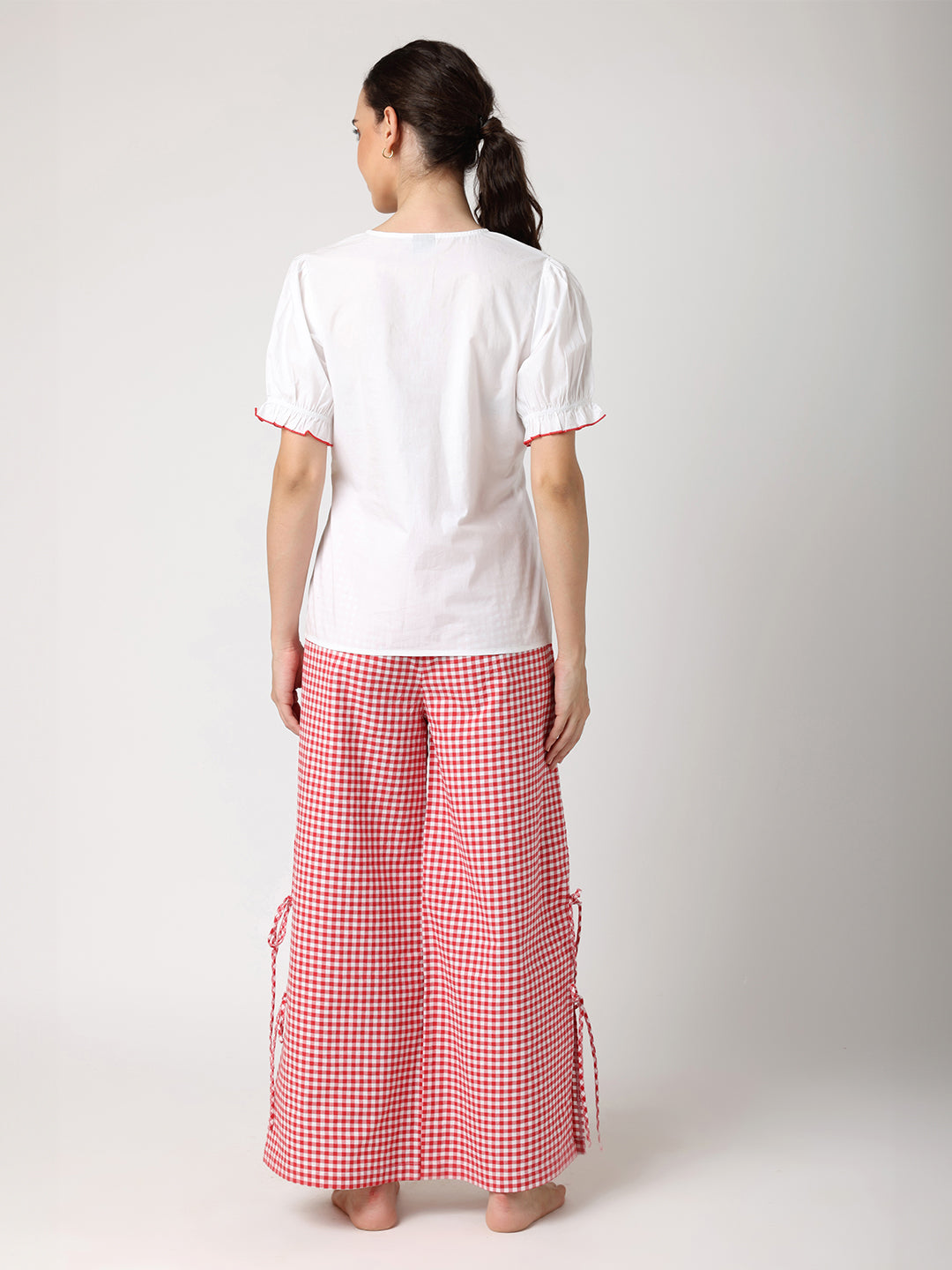 Red & White Floral Embroidered Top With Check Pyjama