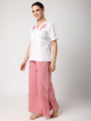 Red & White Floral Embroidered Top With Check Pyjama