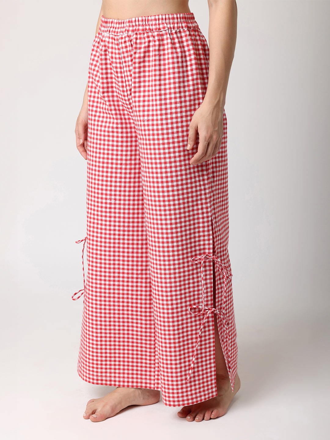 Red & White Floral Embroidered Top With Check Pyjama
