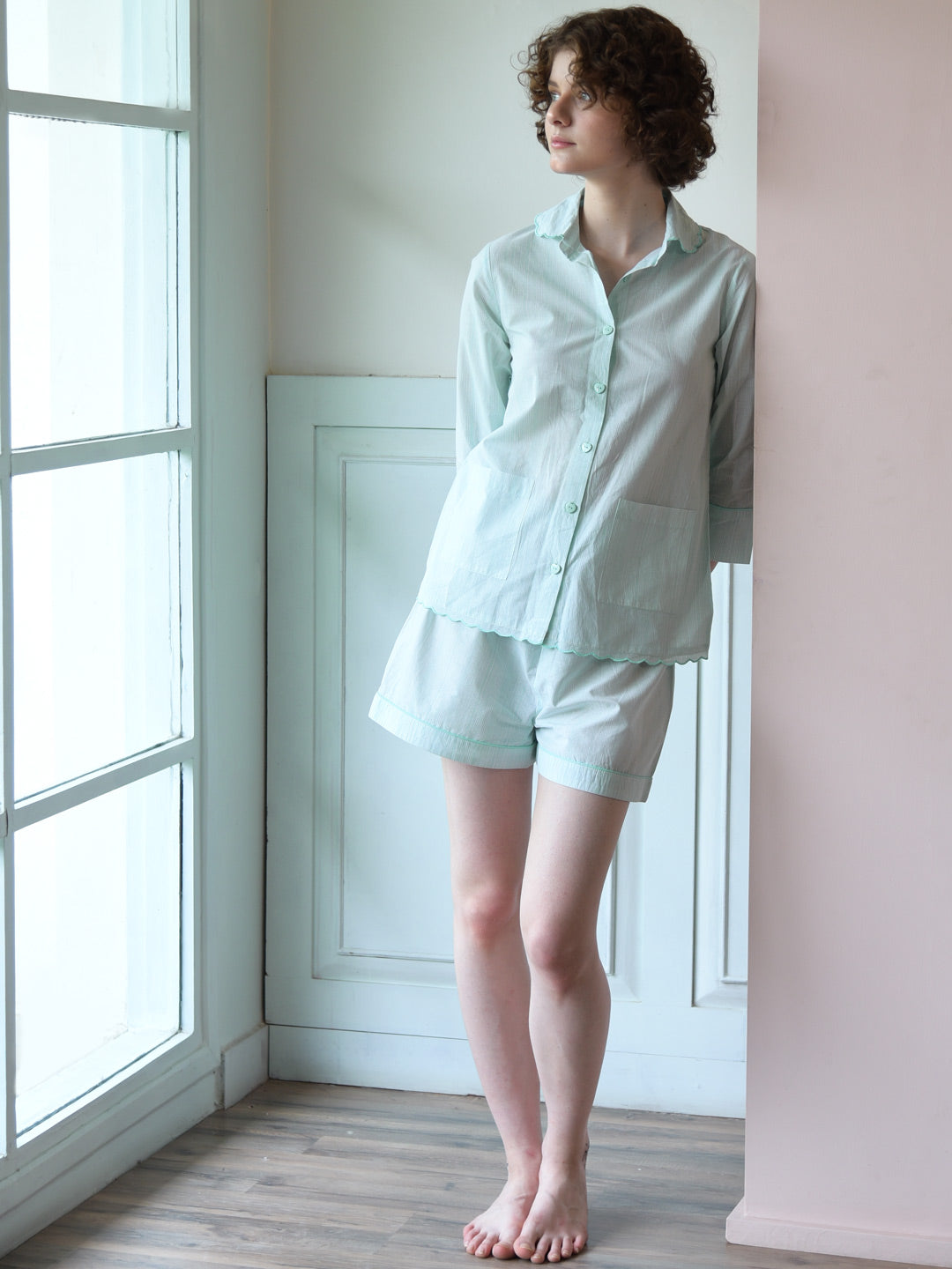Sea Green Stripe Printed Night Suit