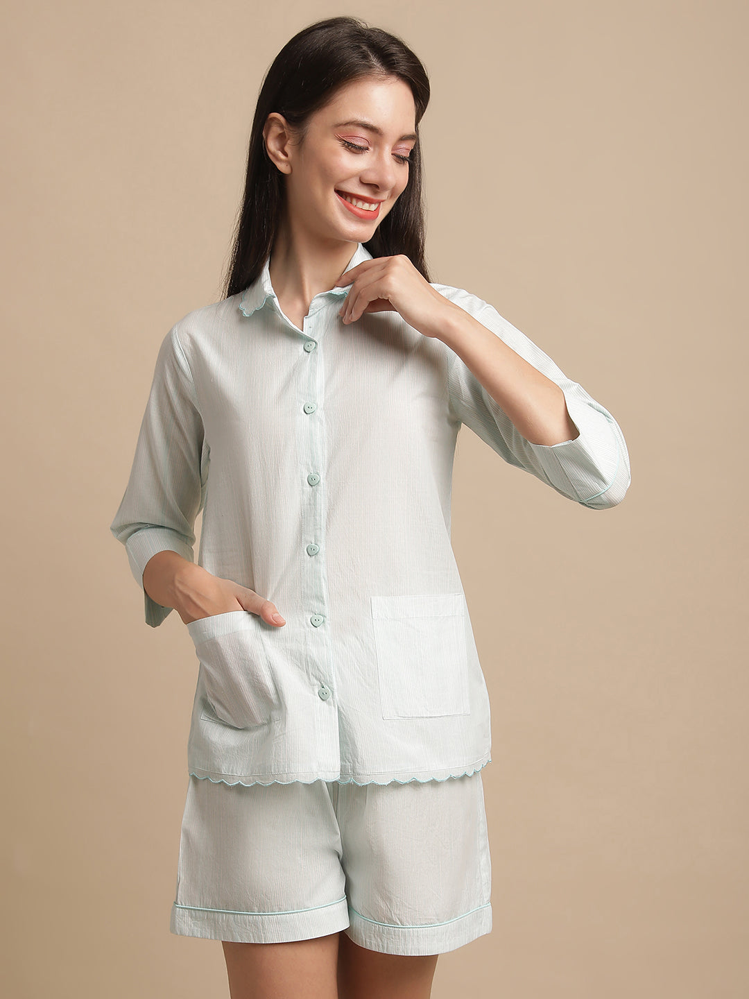 Sea Green Stripe Printed Night Suit