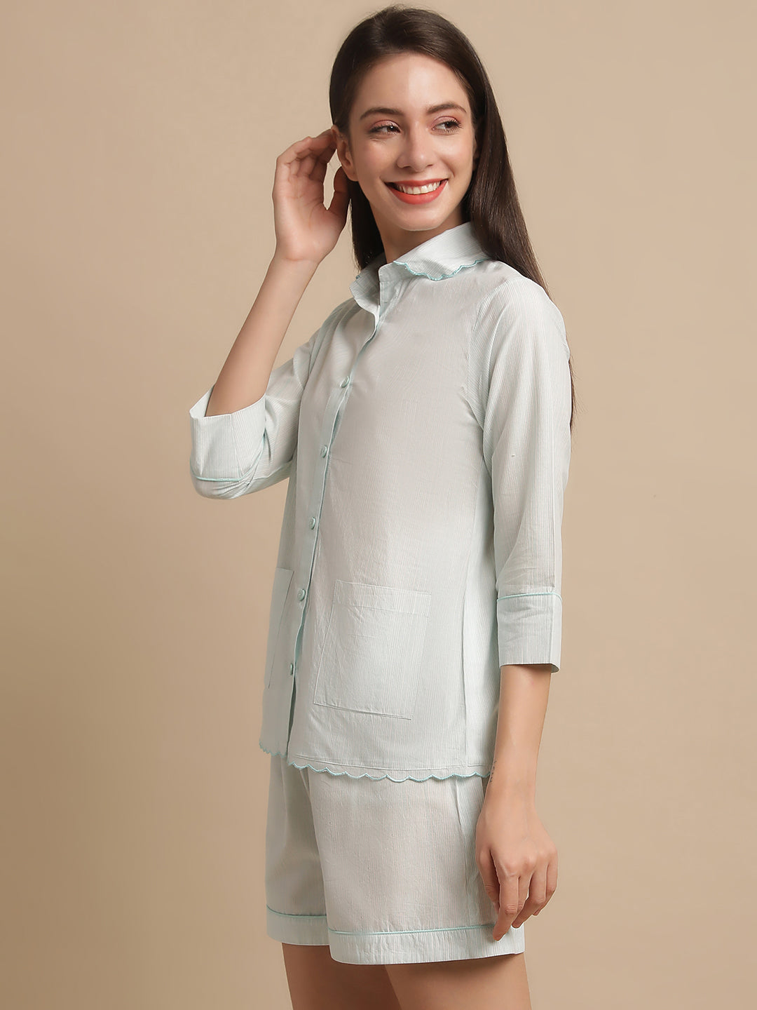 Sea Green Stripe Printed Night Suit