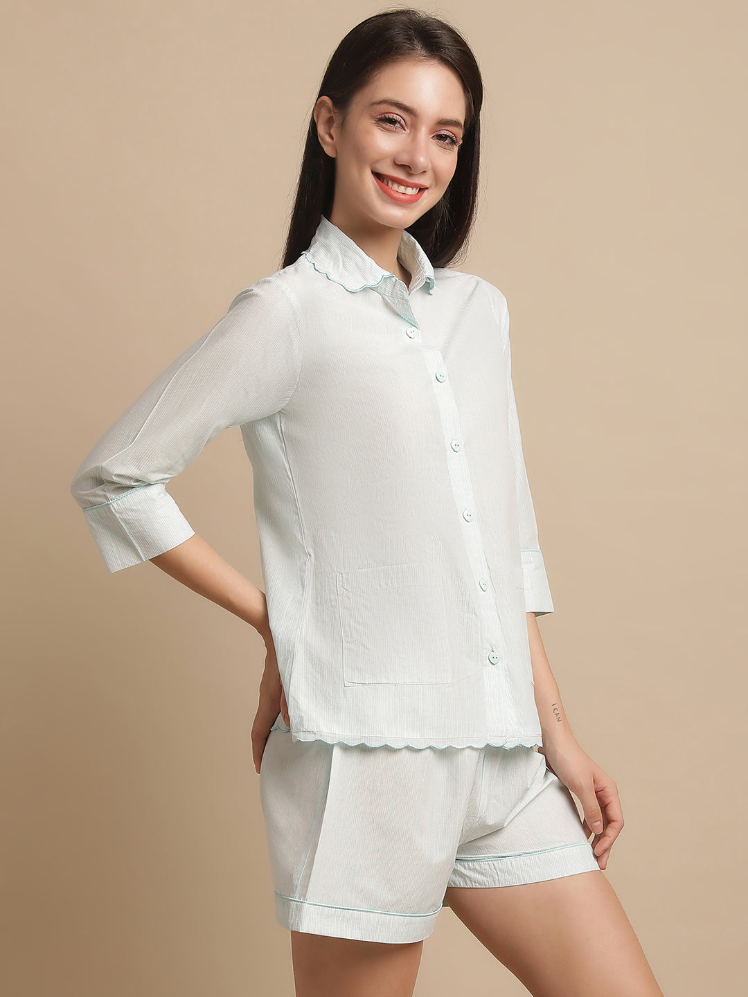Sea Green Stripe Printed Night Suit