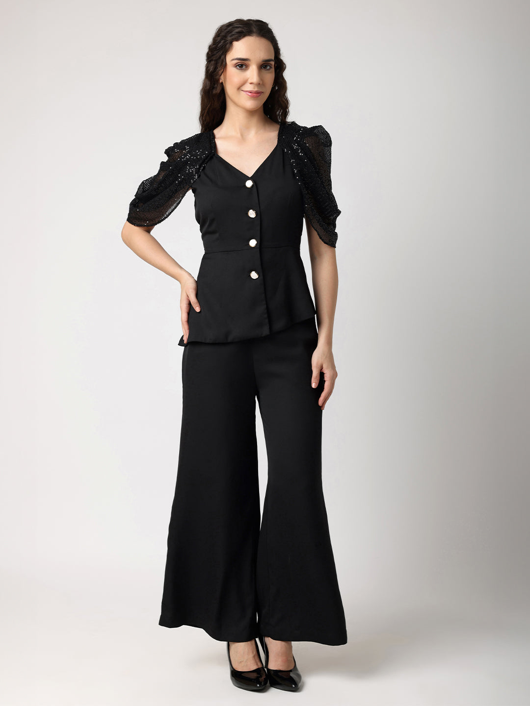 Sequined Cowl Sleeves Top With Trousers