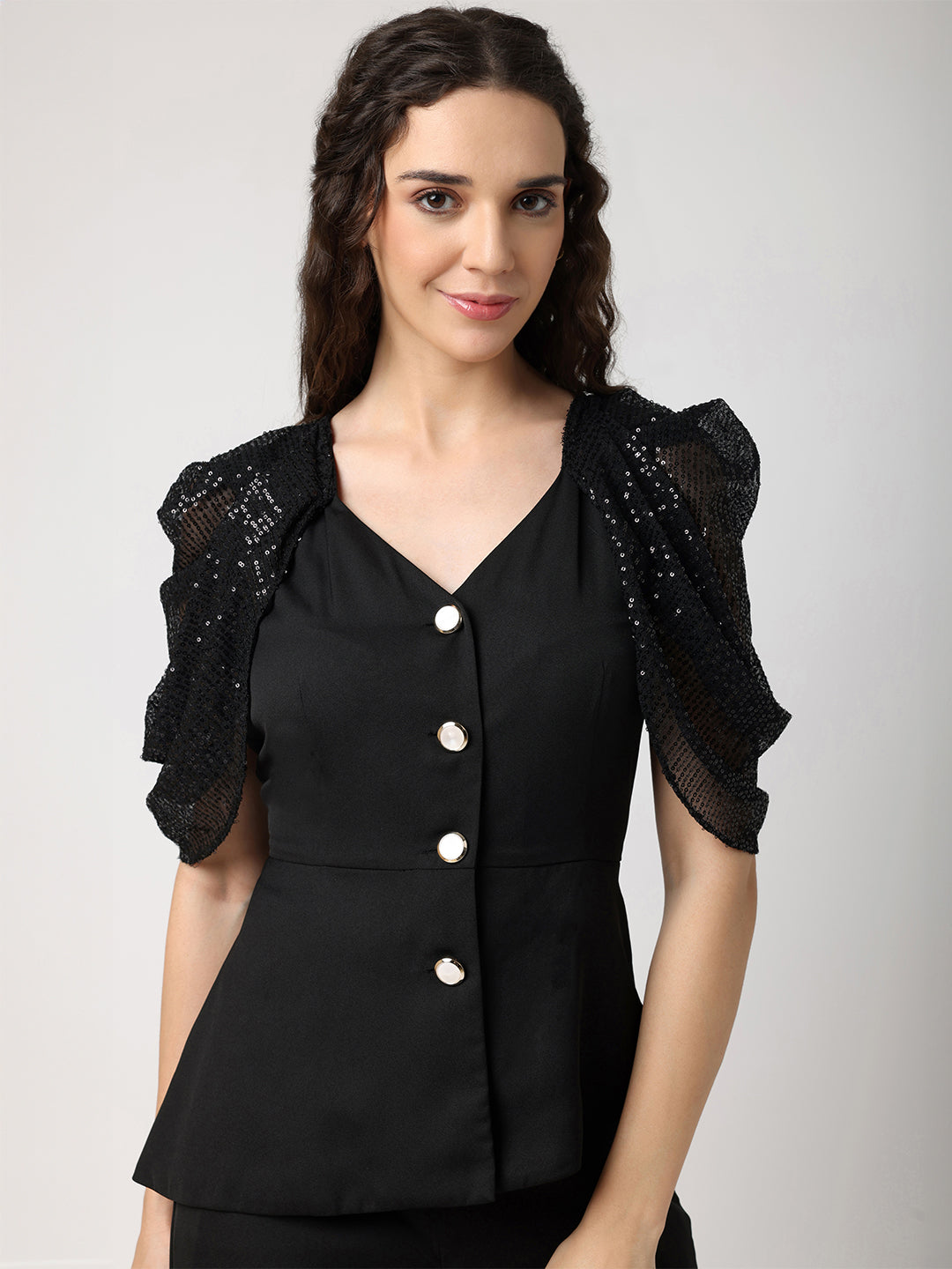 Sequined Cowl Sleeves Top With Trousers