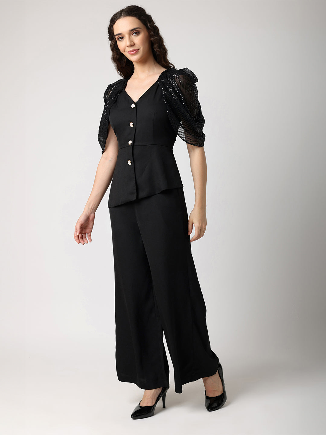 Sequined Cowl Sleeves Top With Trousers