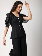 Sequined Cowl Sleeves Top With Trousers