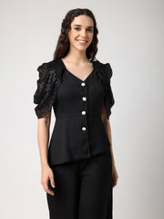 Sequined Cowl Sleeves Top With Trousers