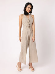 Beige and Black Striper Waistcoat Jumpsuit