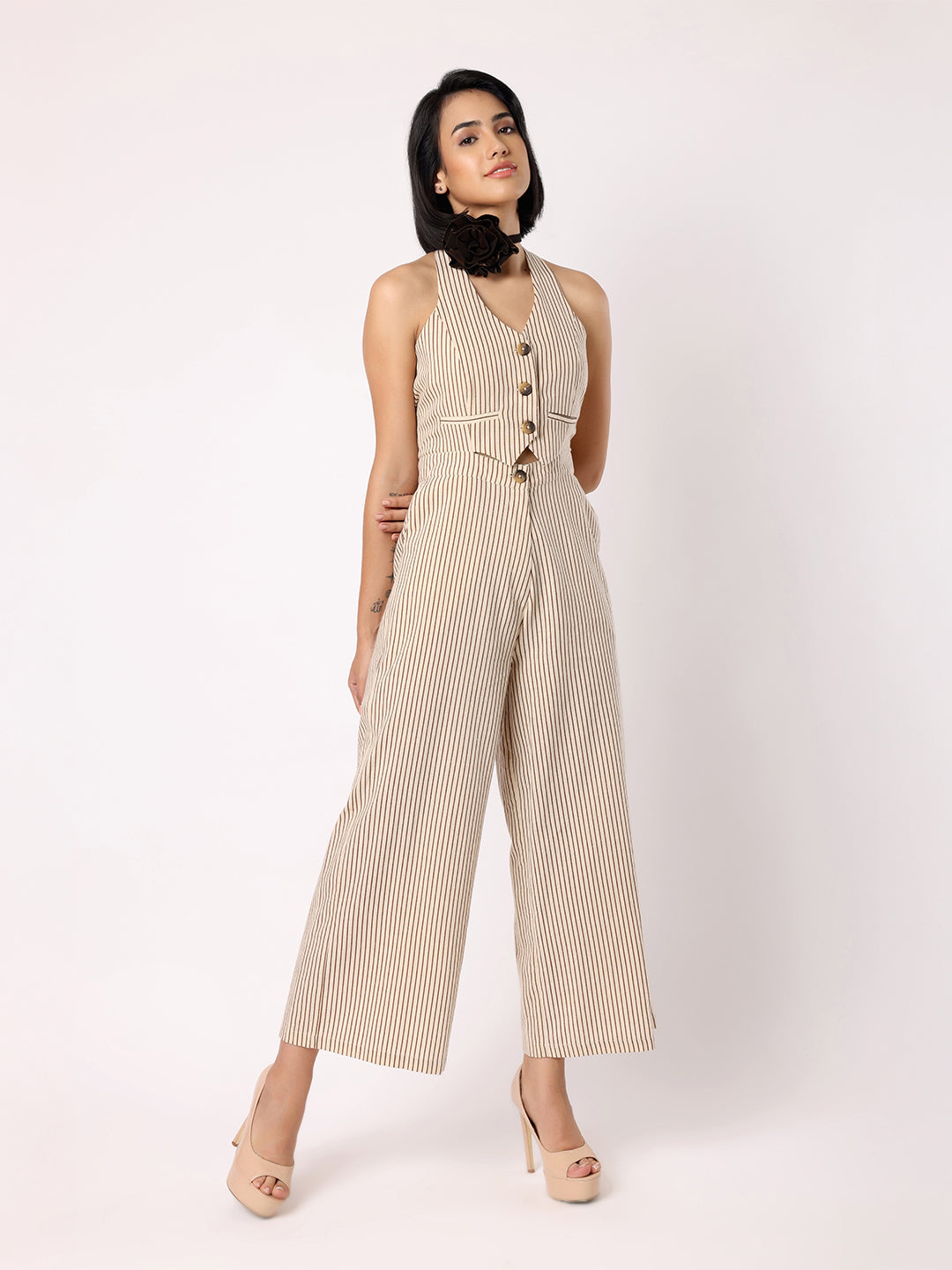 Beige and Black Striper Waistcoat Jumpsuit