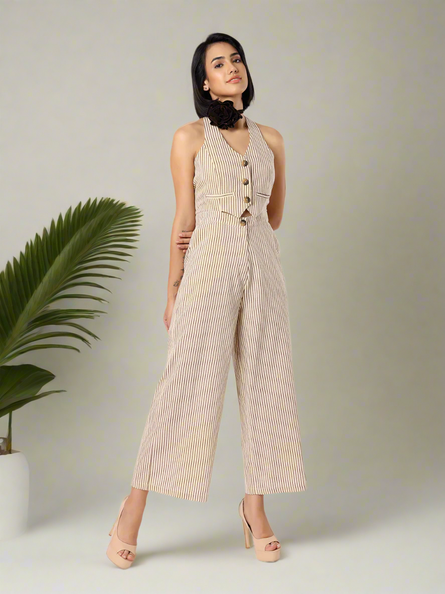 Beige and Black Striper Waistcoat Jumpsuit