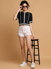 Black Contrast Crop Top With White Lace