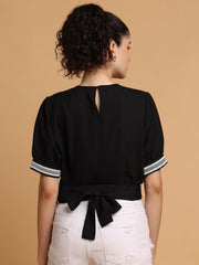 Black Contrast Crop Top With White Lace