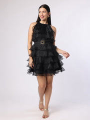 Black Frill Dress With Mirror Belt