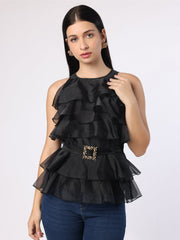 Black Frill Top With Mirror Belt