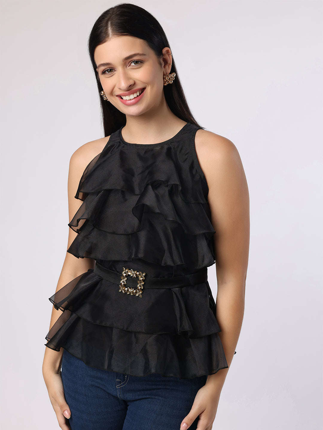 Black Frill Top With Mirror Belt