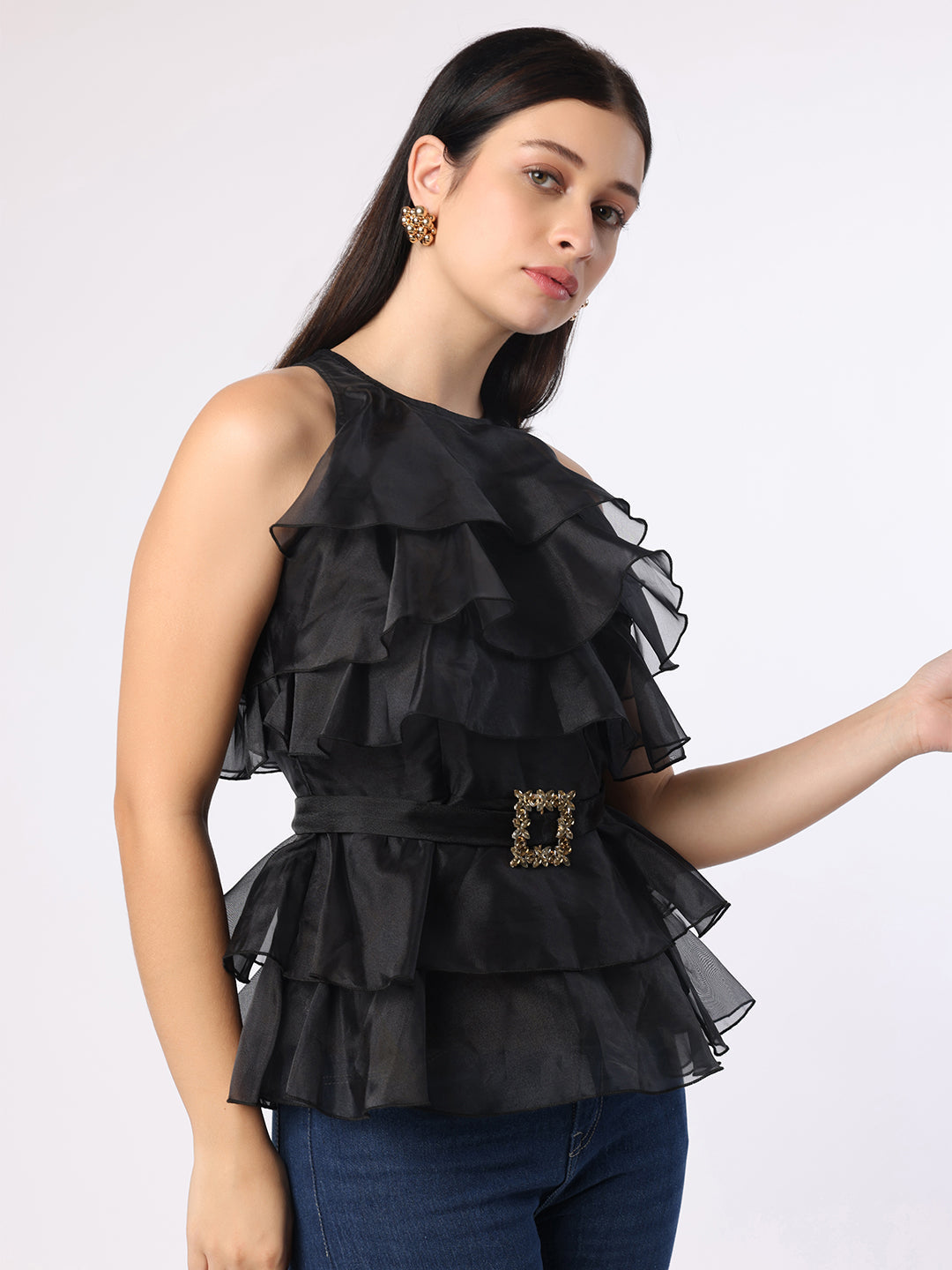 Black Frill Top With Mirror Belt