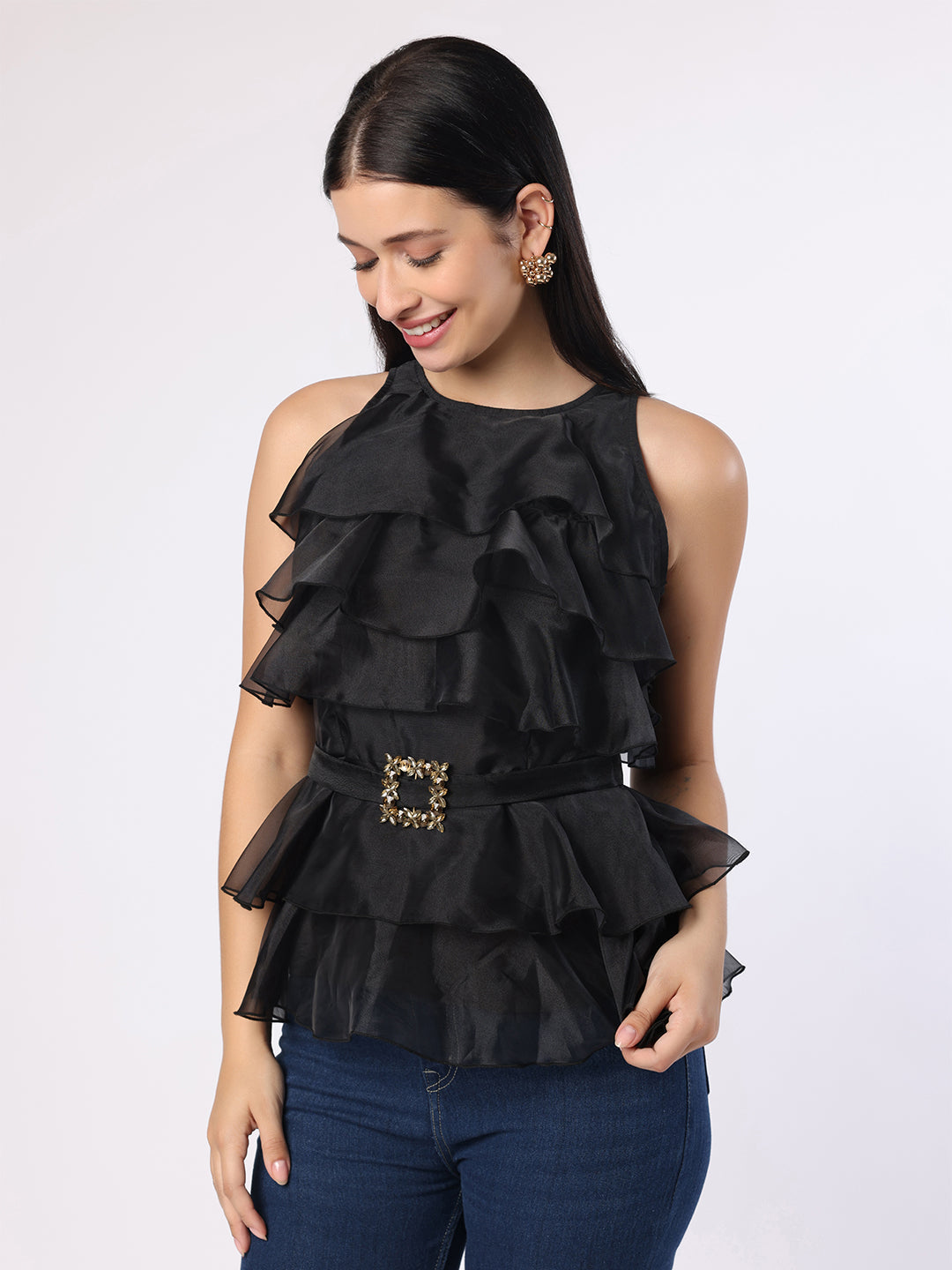 Black Frill Top With Mirror Belt