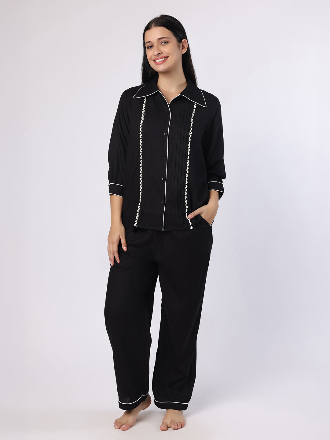 Black Nightwear With Contrast Piping And Lace