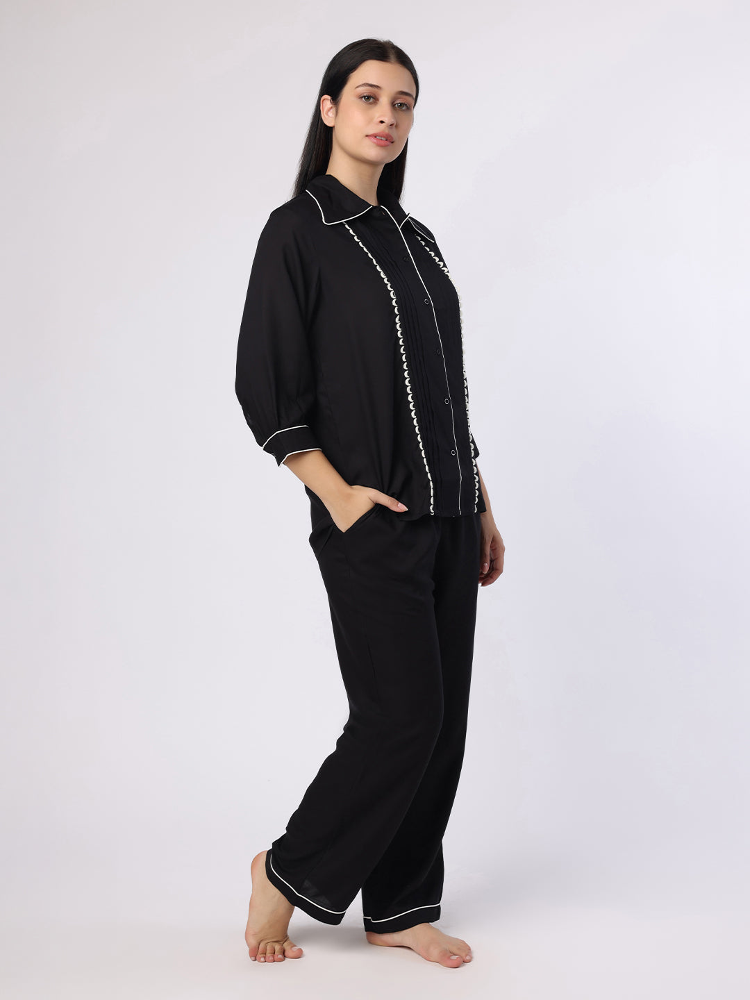 Black Nightwear With Contrast Piping And Lace