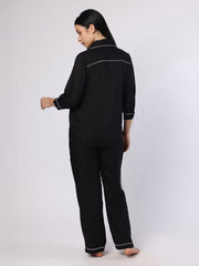 Black Nightwear With Contrast Piping And Lace