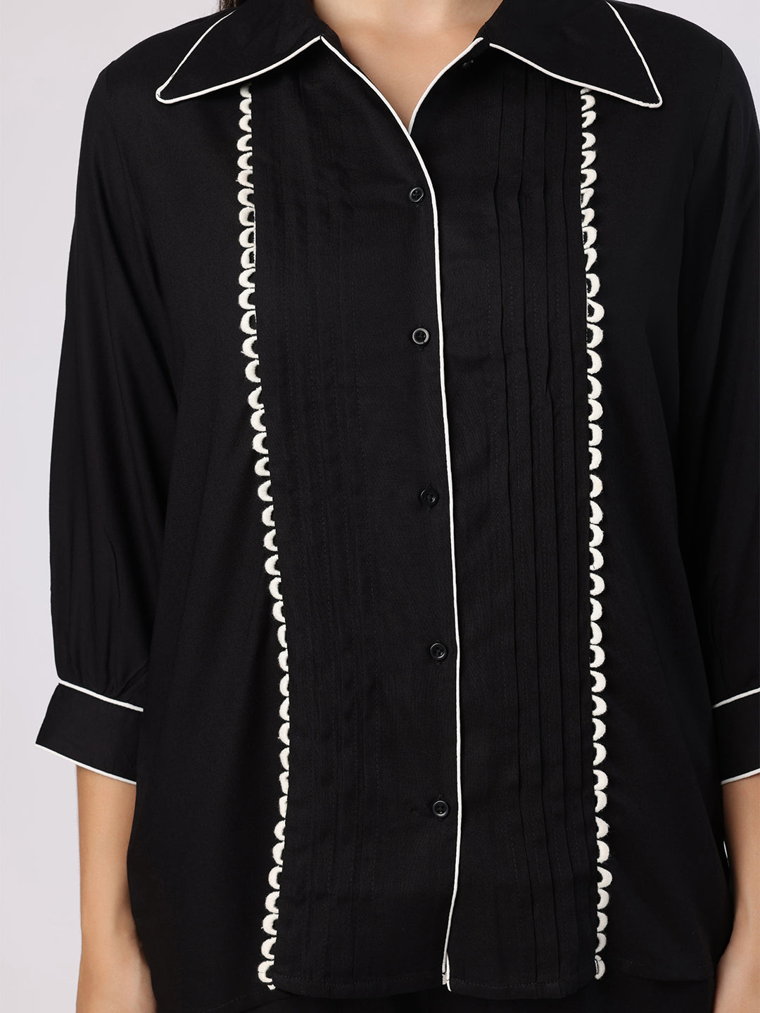 Black Nightwear With Contrast Piping And Lace