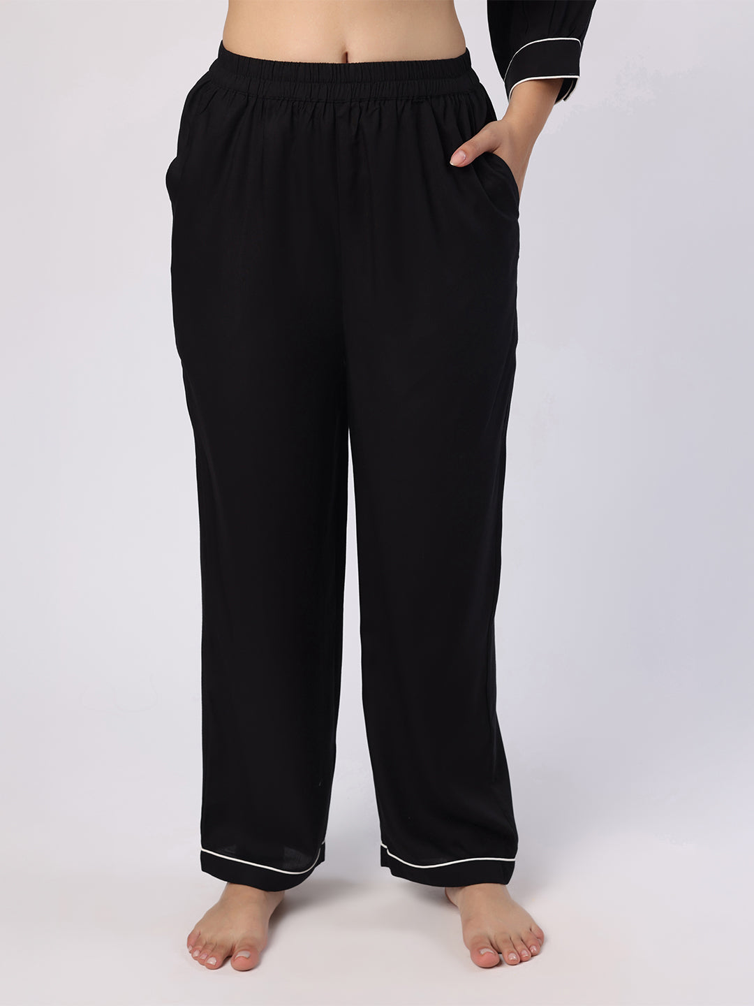 Black Nightwear With Contrast Piping And Lace