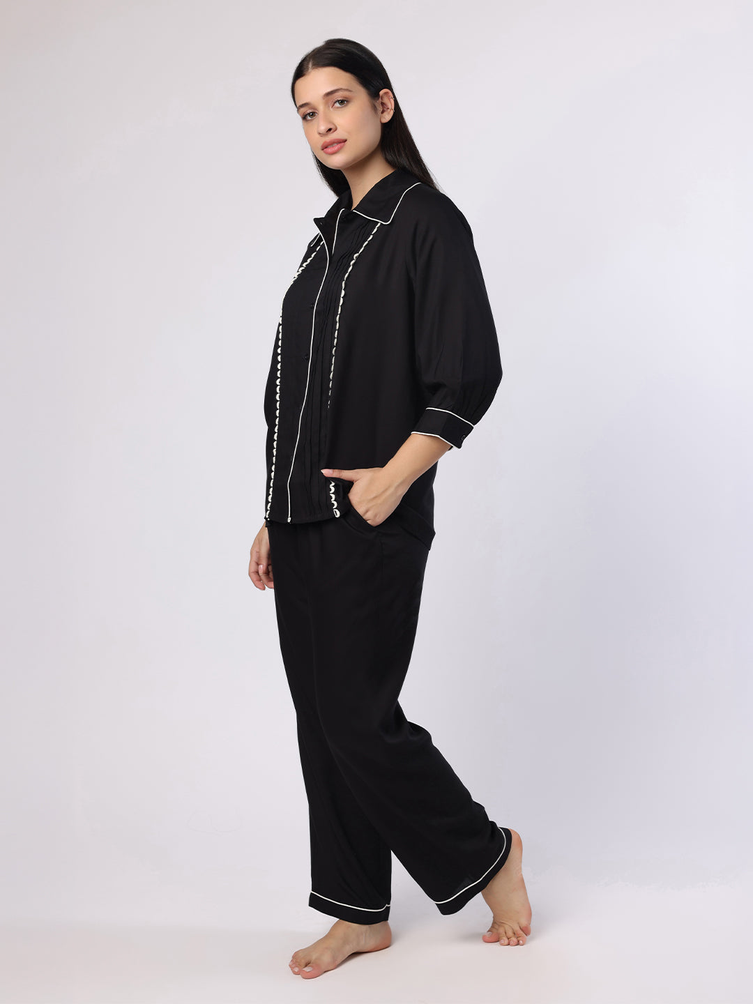 Black Nightwear With Contrast Piping And Lace
