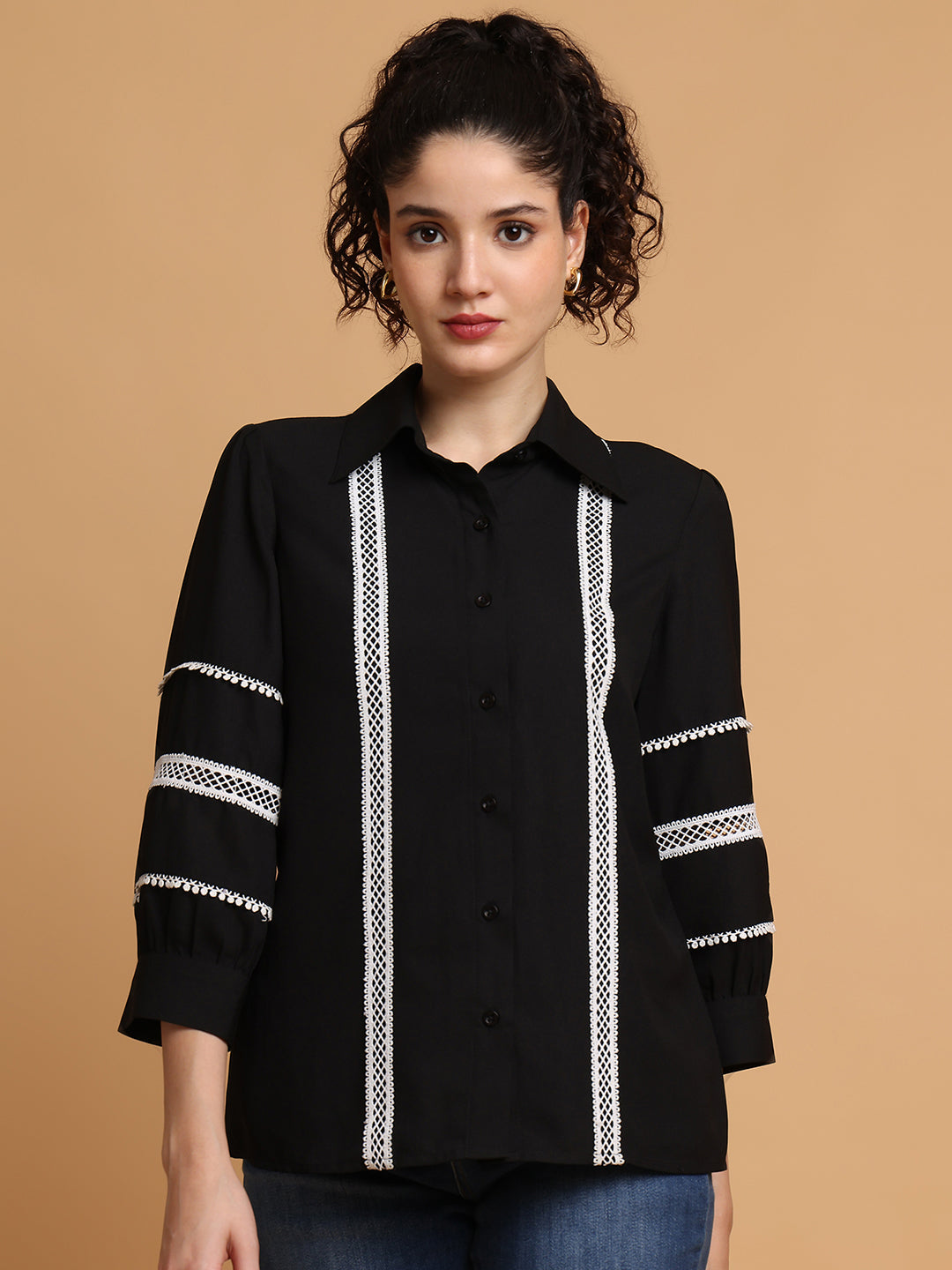Black Shirt With Contrast Lace Detail